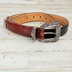 Brighton Brown Black Leather Belt Silver Accents Buckle #24109 Women's M